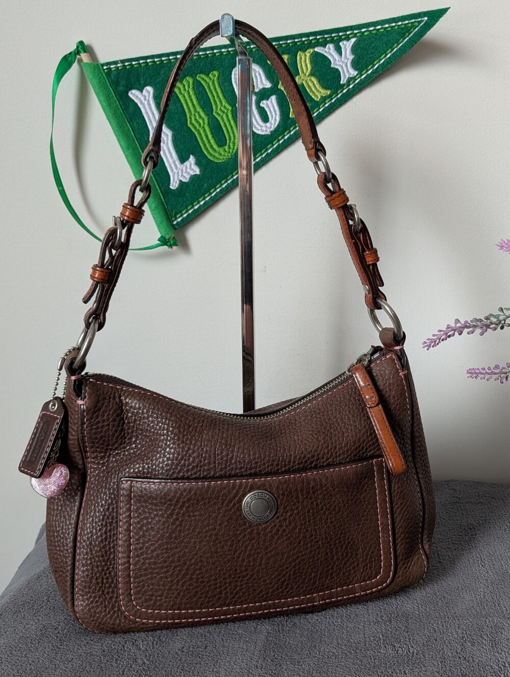 Coach Chelsea Hobo Shoulder Bag In Brown With Pink Stitching